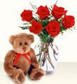 1/2 Dozen Red Roses with Vase and Bear
